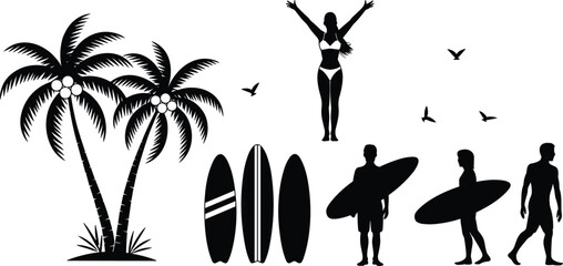 Tropical Beach Scene Silhouettes with Palm Trees Surfers and Birds coconuts surfboards