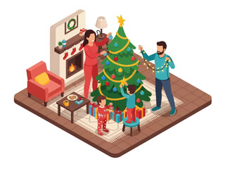 Isometric vector 3D view of a family decorating a Christmas tree together at home, joyful holiday activity and warm seasonal family moment