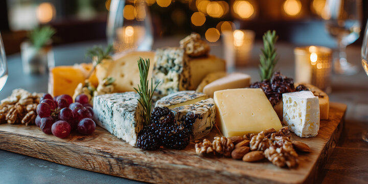 Assorted cheese platter with grapes and nuts on wooden board   - Powered by Adobe
