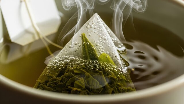 Pyramid tea bag steeping in hot water with rising steam. Close up of green tea leaves brewing in a cup with bubbles