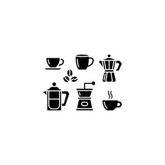 coffee-related icons  cup, mug, beans, pot, solid black vector fill