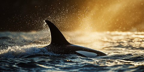 Orca fin emerging from water during sunset with splashing droplets  