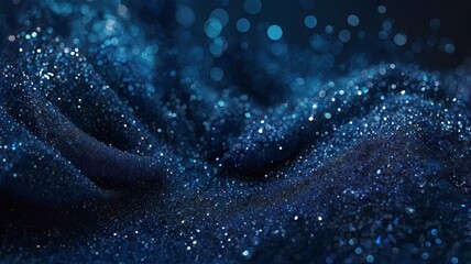 An abstract dark blue background with glowing particles and a soft bokeh effect creating a wavy pattern. A backdrop concept for banners, presentations, or luxury branding concepts.