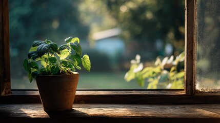 Potted basil on sunlit windowsill; garden view through aged glass