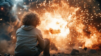 A child sits in awe, watching the dramatic explosion of fireworks in the sky amidst a backdrop of chaos, symbolizing curiosity, wonder, and the complex emotions surrounding fear and beauty.