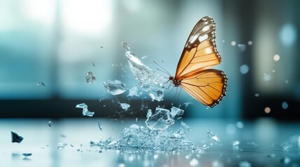 A stunning butterfly emerges gracefully, shattering glass as it takes flight, symbolizing beauty and fragility in a captivating, dynamic moment of nature and art combined.