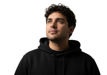 Young man wearing a black hoodie looking up isolated on transparent background