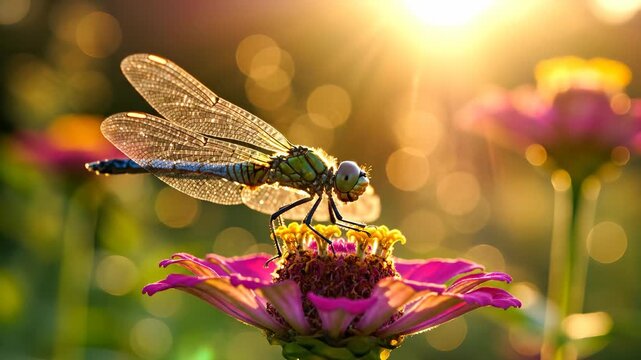 A dragonfly perches gracefully on a vibrant flower, absorbing the golden sunlight that bathes the scene. The delicate wings glisten with reflections, revealing exquisite details an