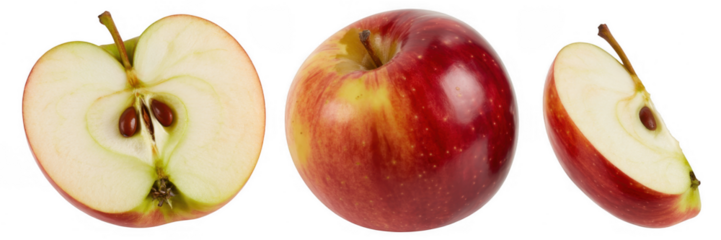 Red apple cut in half with seeds and whole apple cut apple isolated on a transparent background