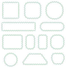 Mint green stitched outline shapes and rounded frames set. Decorative zigzag borders with soft handmade look. Creative UI elements for labels, web and modern graphic design layouts.