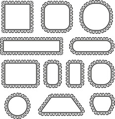 Black ornamental scalloped outline shapes and frames set. Decorative geometric borders with vintage lace style. Classic UI elements for labels, packaging and graphic design layouts.