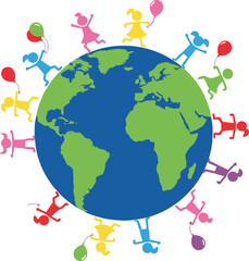 Vector illustration of colorful children silhouettes holding balloons and running around planet earth for global unity peace and diversity concept