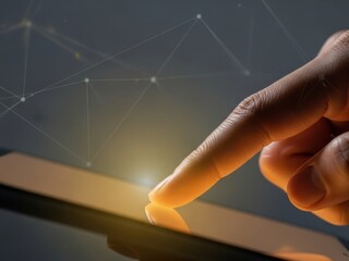 Finger touching digital screen with glowing light and network connections in a futuristic interface