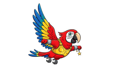 Colorful cartoon parrot wearing armor and holding a star, cutout, PNG isolated on white or transparent background