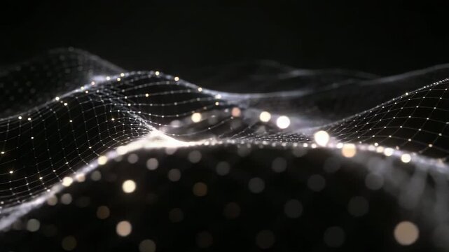 Abstract 3D digital wave with connected particles and glowing points, suggesting data flow, network connectivity, or futuristic technology visualization.