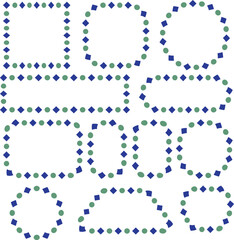 Blue and green dotted rounded frames and geometric shapes set. Decorative point patterns create a playful modern outline collection. Ideal for UI elements, labels, templates, and creative graphic desi
