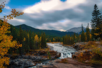 Long Exposure Autumn View Of Sheep River Falls