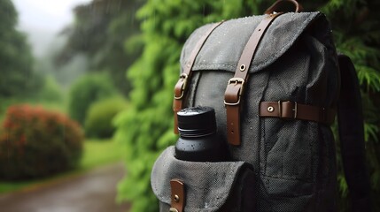 A canvas backpack with a water bottle is prepared for a rainy outdoor adventure