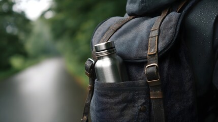 Fototapeta premium A backpack with a metal water bottle in its pocket on a rainy day on a forest path