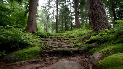 Fototapeta premium A sun d d forest path winds upward covered in mossy rocks and exposed tree roots inviting explo n into the verdant wilderness