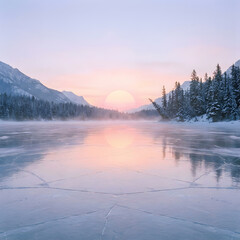 Serene Winter Sunrise Over Frozen Lake with Snowy Mountains
