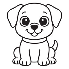 A charming black and white illustration of an adorable puppy with big eyes and a sweet smile
