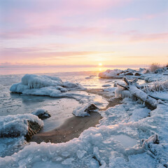 Serene winter sunrise over icy coastal landscape with frozen shoreline
