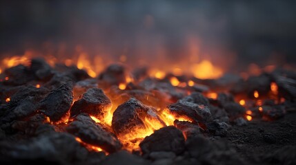 Close up detailed view of intensely glowing embers and hot coals with wisps of smoke rising against a dark background suggesting residual heat from a