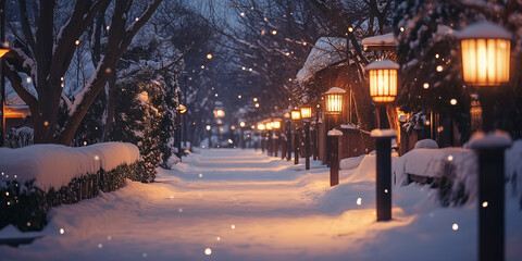 Snow-covered path lined with glowing lanterns in winter evening  