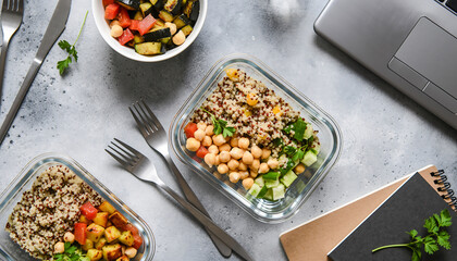 Nutritious Meal Prep Containers and Laptop on a Workspace, Ideal for Healthy Desk Lunch