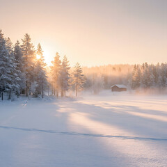 Tranquil winter sunrise over snowy forest landscape with cabin