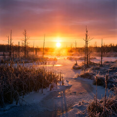 Serene Winter Sunrise Over Frozen Marshland with Frosty Vegetation