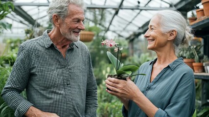 Senior couple choosing orchid in garden center. Elderly pair selecting flowers at plant shop. Mature retirees examining potted plants together indoors. Active citizens shopping for home decor.