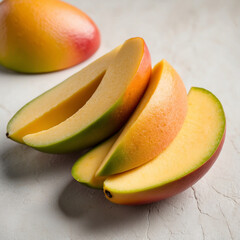 Juicy mango slices on white surface