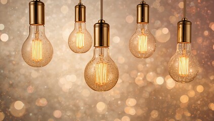 Warm glowing vintage edison light bulbs illuminating a festive golden bokeh background