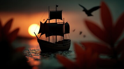 A stunning model ship takes center stage against a vibrant sunset, showcasing intricate details as silhouetted against a backdrop of brilliant colors reflecting over calm waters.