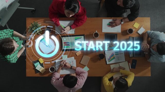 A dynamic group of professionals engaged in collaborative discussions, planning innovative business strategies, and setting goals for a successful start in 2025. Raster