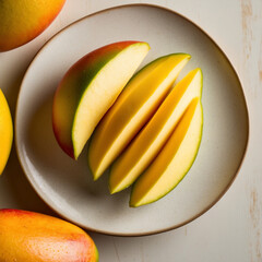 Juicy mango fruit. Yellow slices on white plate 