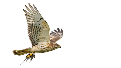 Bird of prey flying with wings spread and talons extended, cutout, PNG isolated on white or transparent background