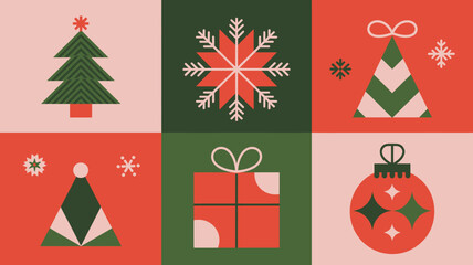 Christmas icons set with trees, snowflakes, gifts, and ornaments in a festive color scheme.