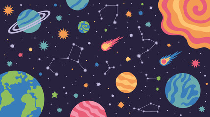 Colorful cartoon space scene with planets, stars, and constellations © Ultimate