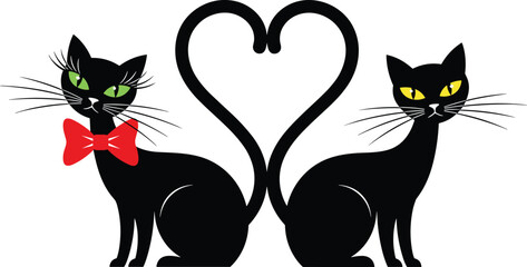 Two Romantic Black Cats with Tails Forming a Heart Shape and Red Bow Tie Isolated on White Background for Valentines Day Design