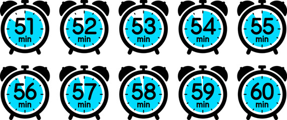 時間を示す時計のアイコン（alarm clock icon 51min/52min/53min/54min/55min/56min/57min/58min/59min/60min）
