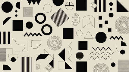 Geometric shapes and patterns on beige background, black and white abstract design