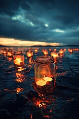 A serene scene of glowing candles floating on calm waters against a vibrant sunset sky. The enchanting atmosphere reflects tranquility and hope, inviting viewers into a peaceful moment.