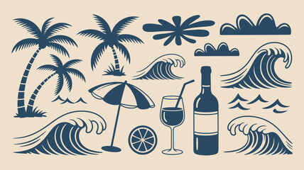 Beach Vacation Icons Set with Palm Trees, Waves, and Refreshing Drinks