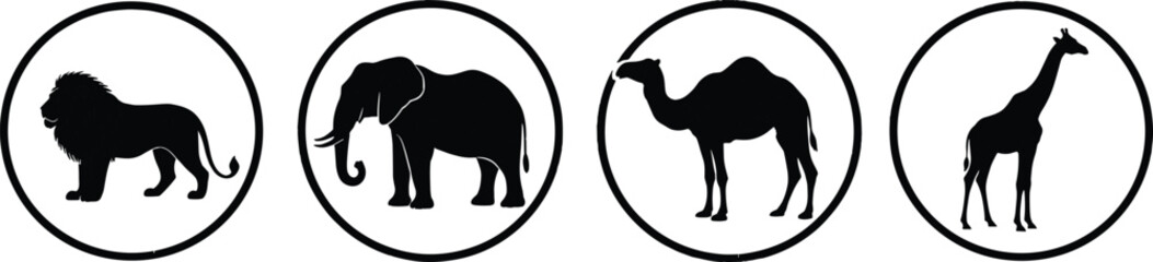 Fototapeta premium Black Silhouette Icons of Wild African Animals Including Lion Elephant Camel and Giraffe in Circular Frames Isolated on a White Background
