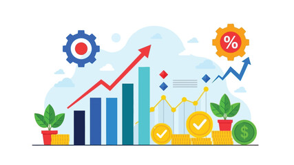 Growth financial success and positive trends illustrated with charts and gears