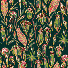 Hand drawn botanical pattern with carnivorous pitcher plants and jungle leaves for textile design, home decor, and fashion packaging.