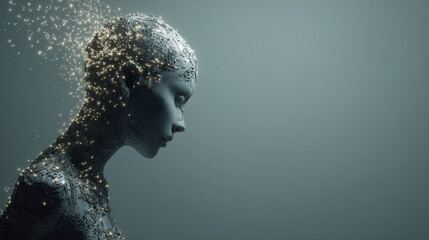futuristic concept of artificial intelligence with digital human head and glowing data particles